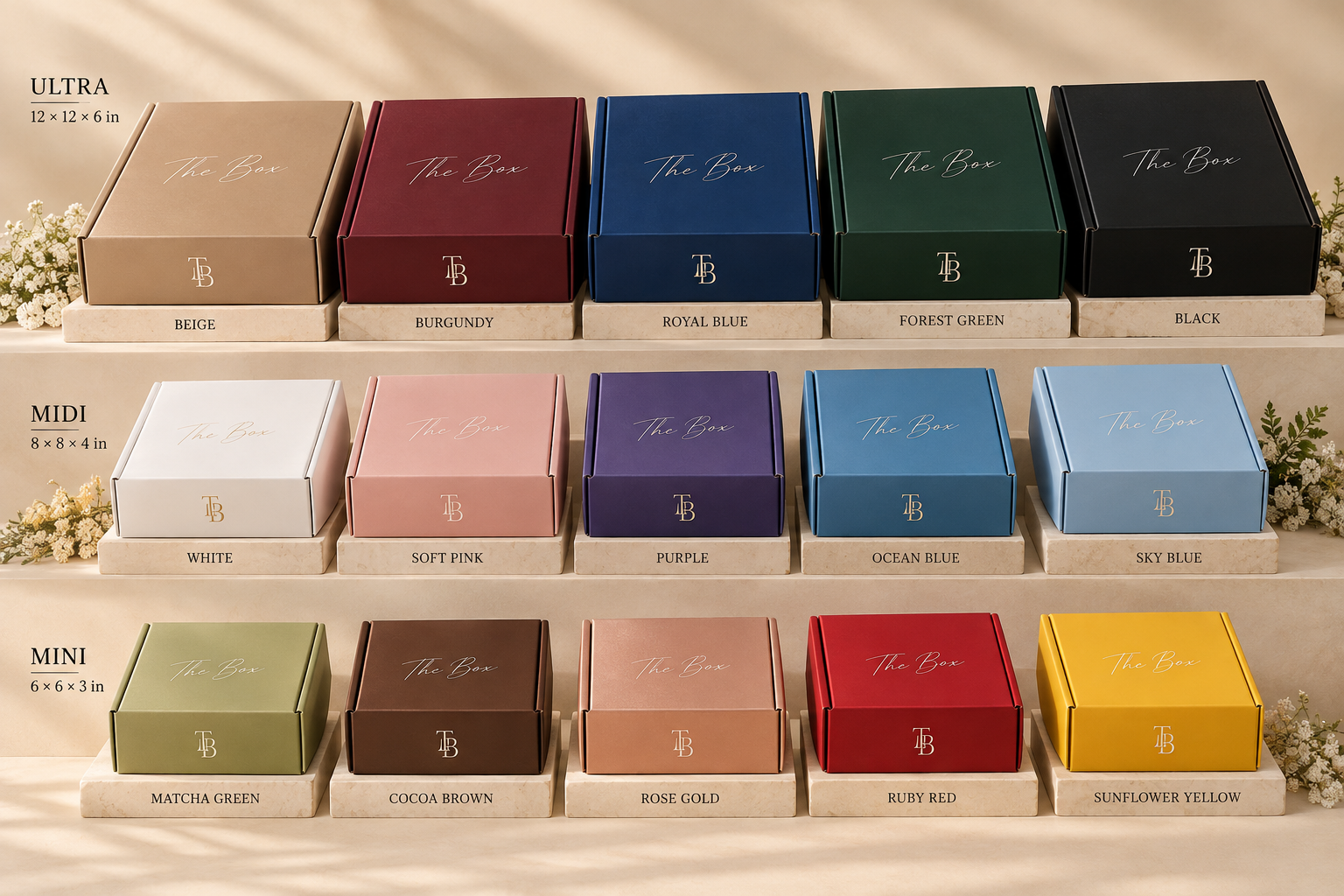 The Box color lineup across three sizes, including beige, burgundy, royal blue, forest green, black, white, soft pink, purple, ocean blue, sky blue, matcha green, cocoa brown, rose gold, ruby red, and sunflower yellow