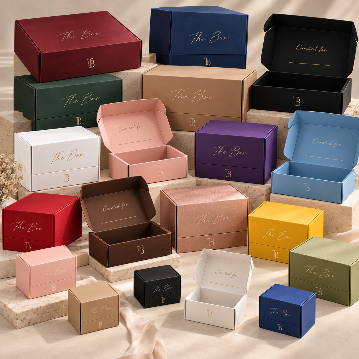 The Box gift boxes in burgundy, blue, green, pink, black, and more — lined up on a warm beige backdrop